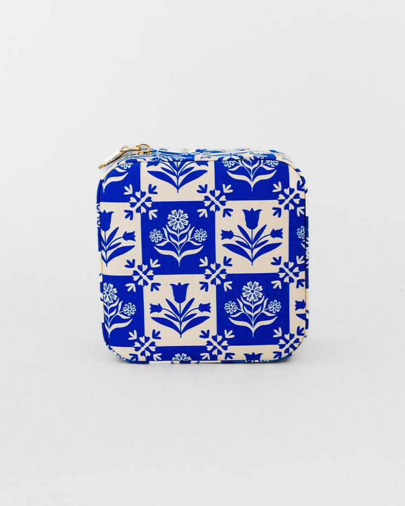 travel jewelry organizer in a blue plaid floral pattern