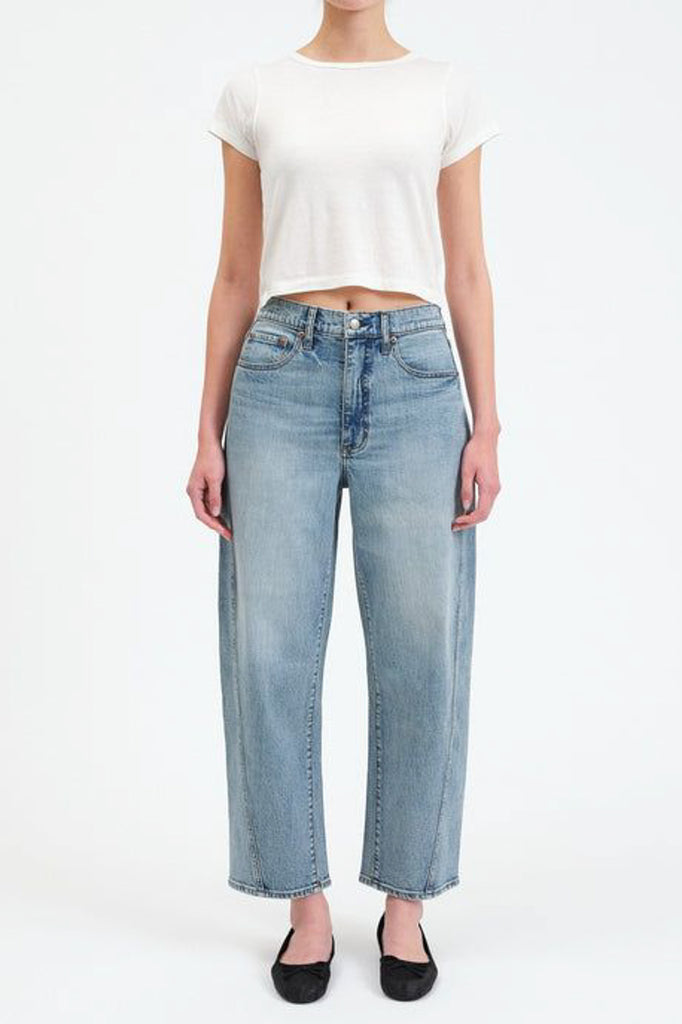 barrel leg jeans in a medium blue denim wash 