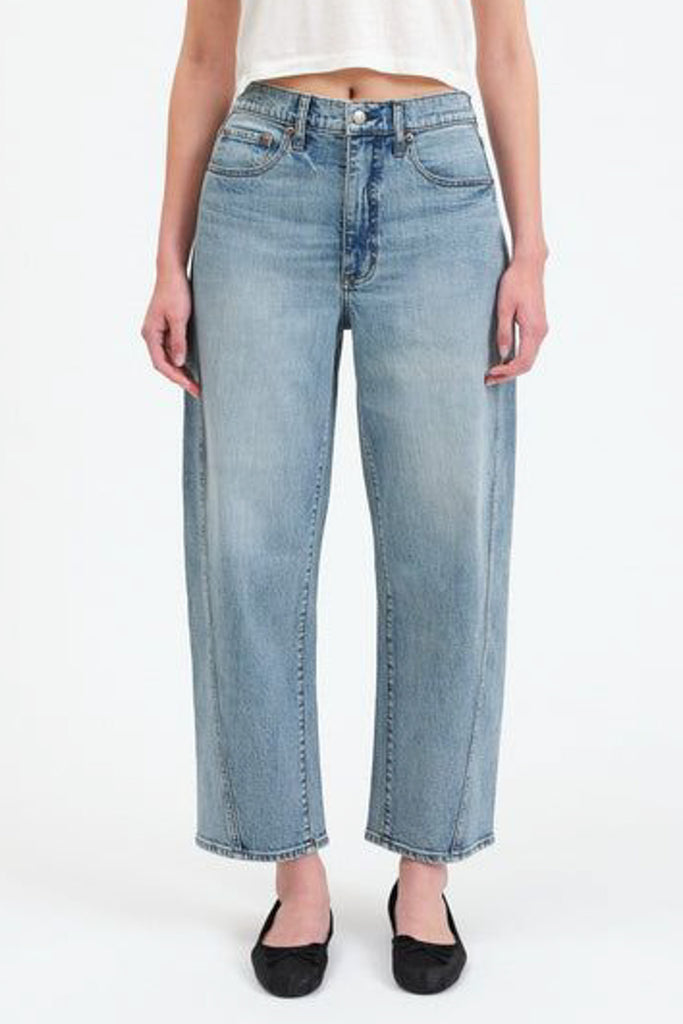 barrel leg jeans in a medium blue denim wash 