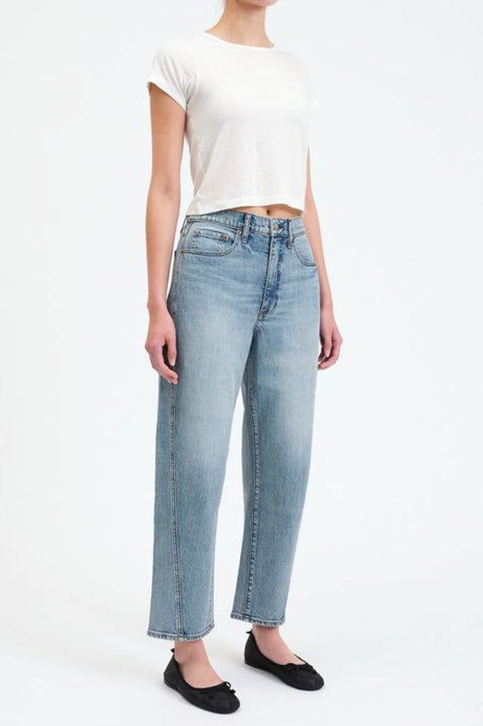 barrel leg jeans in a medium blue denim wash 