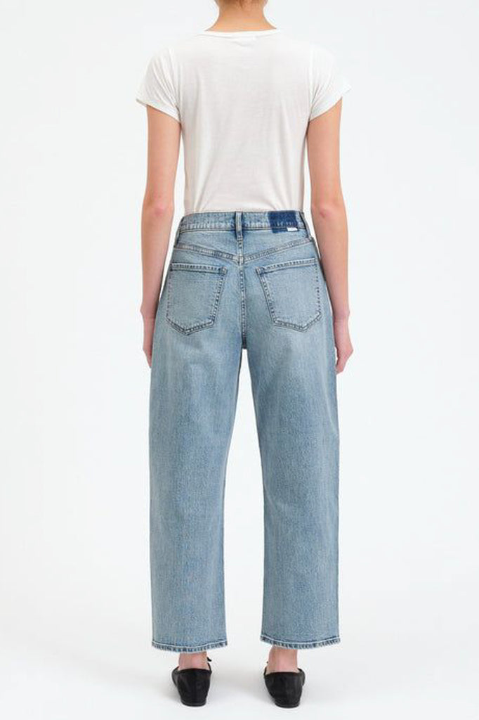 barrel leg jeans in a medium blue denim wash 