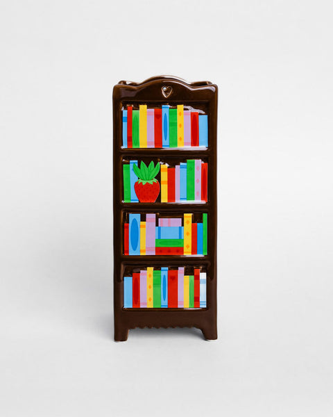 novelty ceramic vase in the shape of a bookshelf