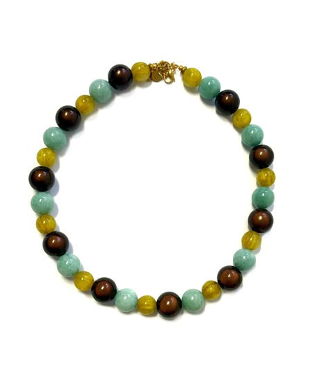 beaded necklace in lime green, seafoam, and brown 