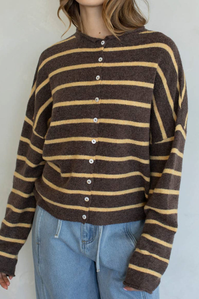 chocolate brown cardigan with muted orange stripes and a classic shape. 