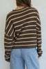 chocolate brown cardigan with muted orange stripes and a classic shape. 
