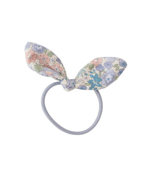 hair tie set with distinct bunny ear shaped bow in a blue floral pattern 