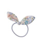hair tie set with distinct bunny ear shaped bow in a blue floral pattern 