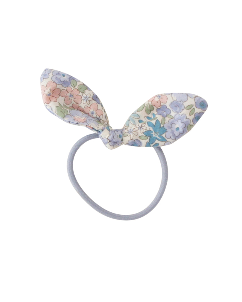 hair tie set with distinct bunny ear shaped bow in a blue floral pattern 