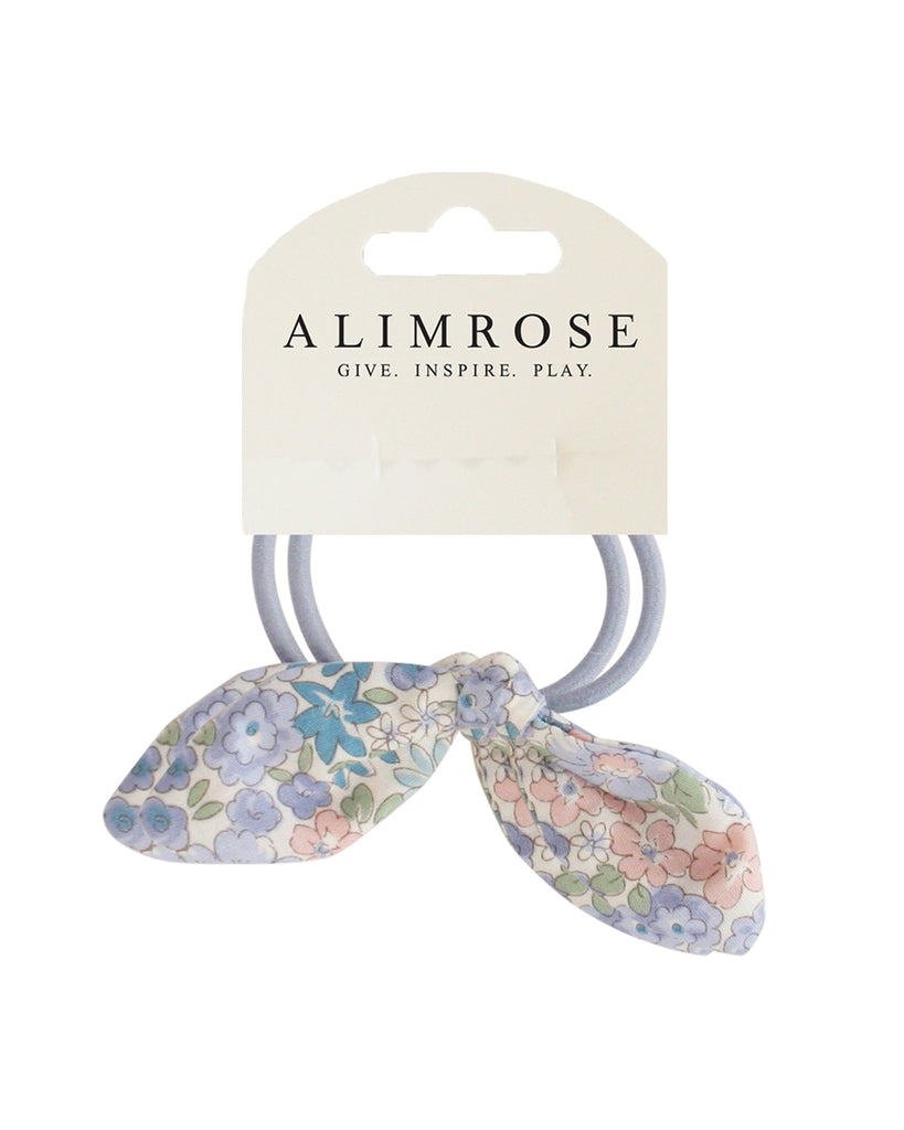 hair tie set with distinct bunny ear shaped bow in a blue floral pattern 