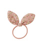 hair tie set with distinct bunny ear shaped bow in a pink floral pattern 