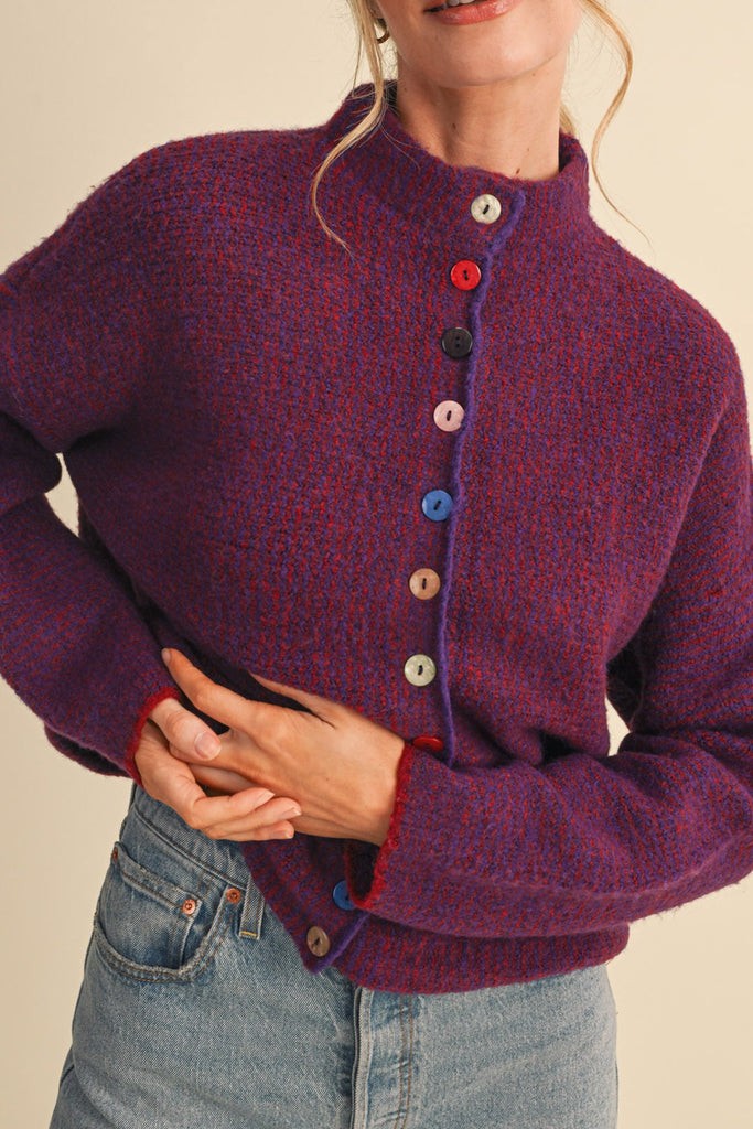 marled burgundy and pink button down sweater with colorful button detailing