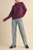 marled burgundy and pink button down sweater with colorful button detailing
