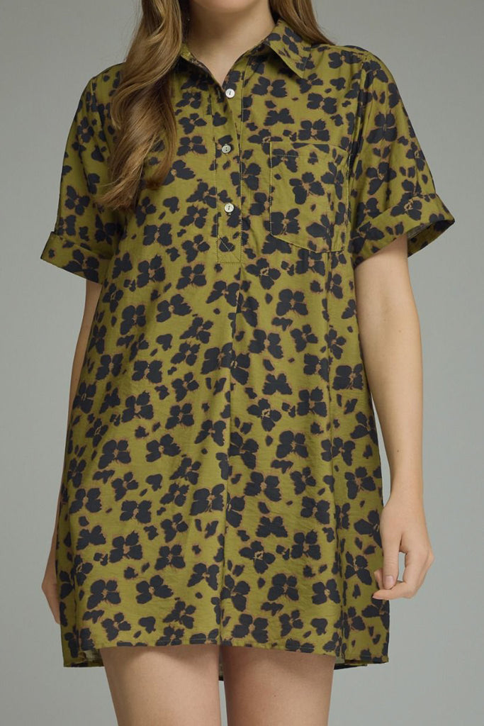 olive green mini dress with a subtle butterfly print in washed black