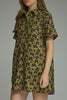olive green mini dress with a subtle butterfly print in washed black