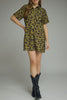 olive green mini dress with a subtle butterfly print in washed black