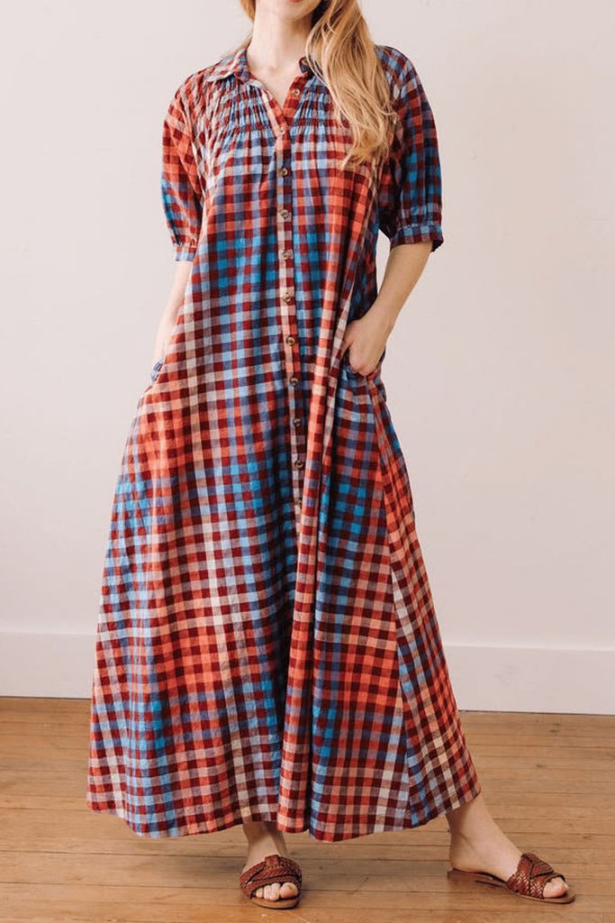 flowy maxi dress in a colorful gingham plaid