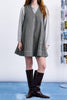 denim mini dress in charcoal grey and white vertical stripes.