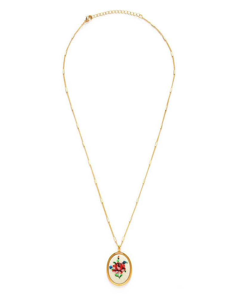 vintage-inspired cameo necklace, needlepoint pink flower
