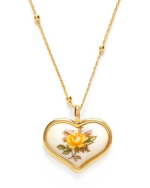 Vintage-Inspired Porcelain Heart Necklace with a yellow rose design