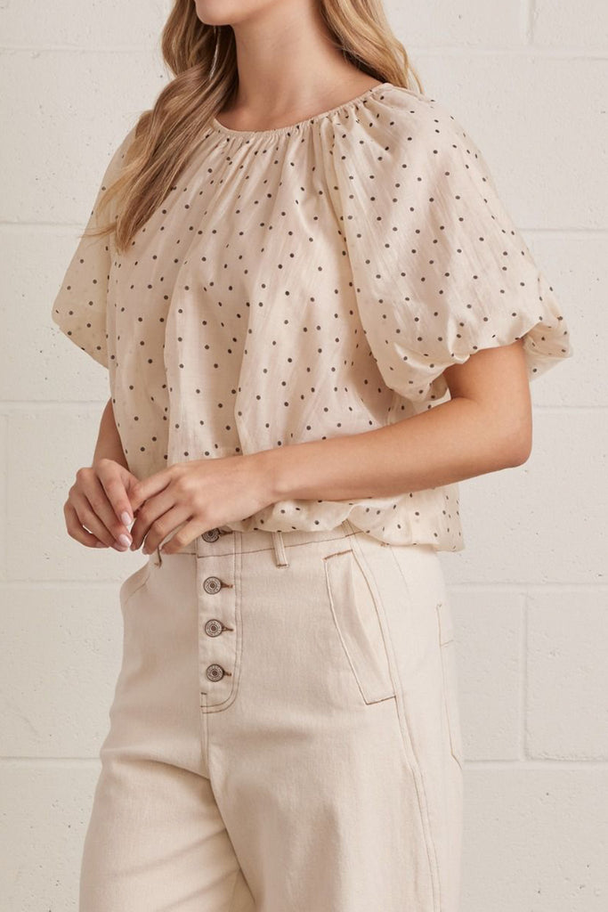 lightweight short sleeve top in shimmery ecru with petite black polka dots throughout.