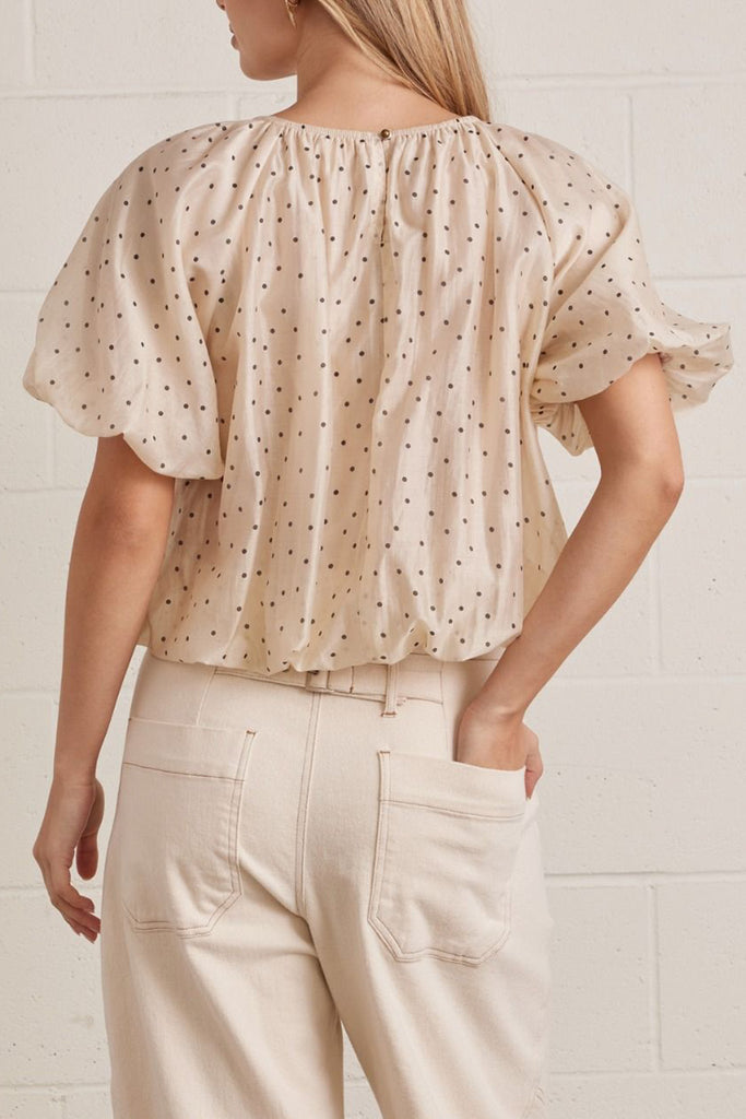 lightweight short sleeve top in shimmery ecru with petite black polka dots throughout.