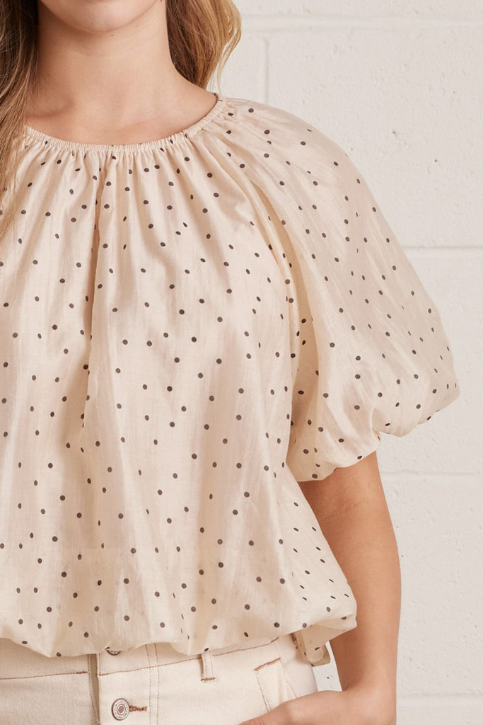lightweight short sleeve top in shimmery ecru with petite black polka dots throughout.