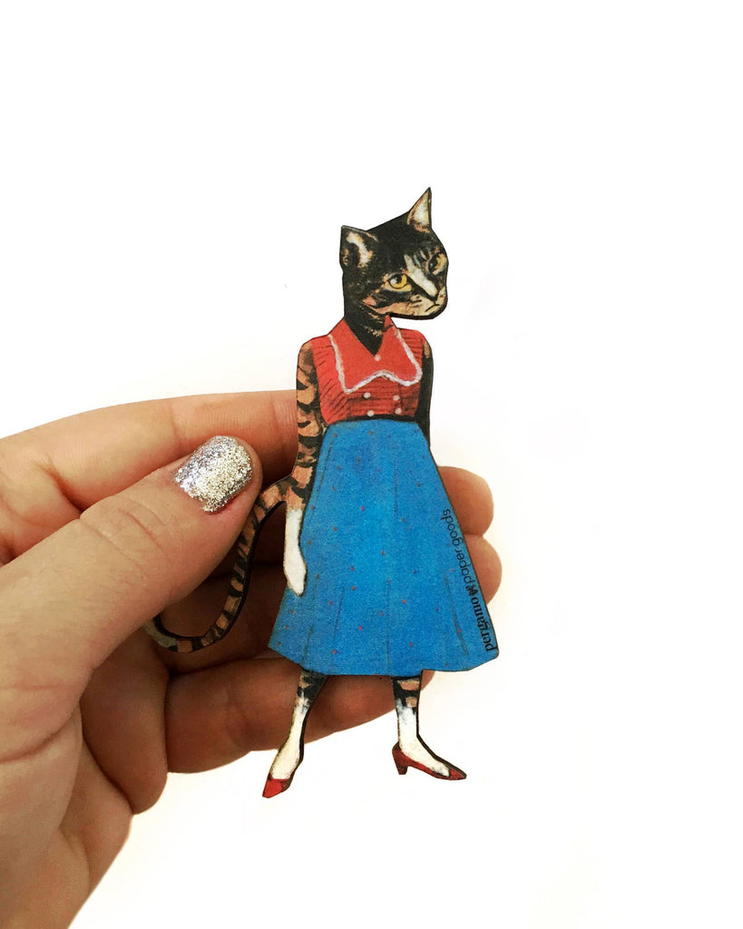 Whimsical Wooden Magnet cat lady