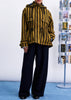 hooded parka in chocolate brown and ochre vertical stripes