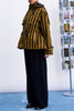 hooded parka in chocolate brown and ochre vertical stripes