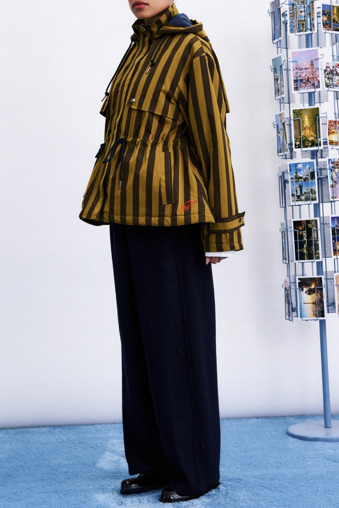 hooded parka in chocolate brown and ochre vertical stripes