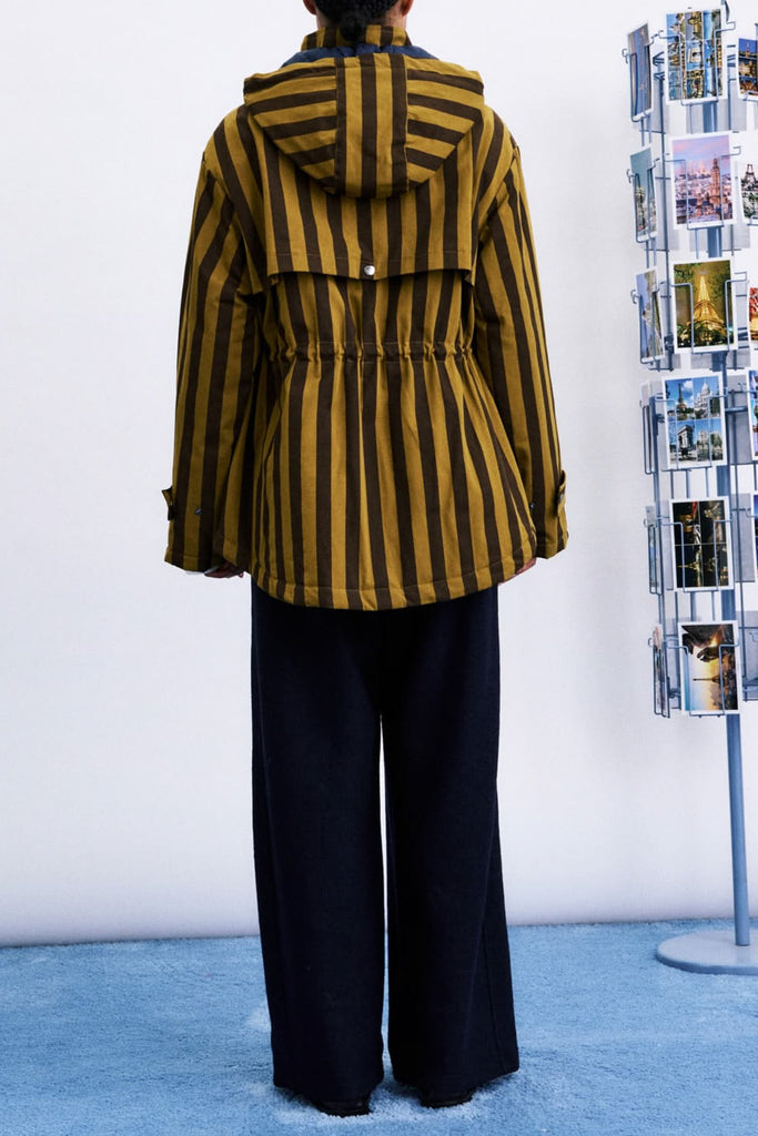 hooded parka in chocolate brown and ochre vertical stripes