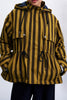 hooded parka in chocolate brown and ochre vertical stripes
