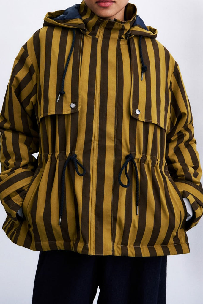 hooded parka in chocolate brown and ochre vertical stripes