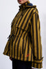 hooded parka in chocolate brown and ochre vertical stripes