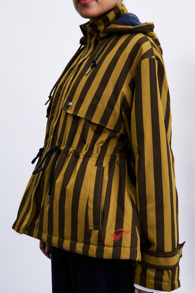 hooded parka in chocolate brown and ochre vertical stripes