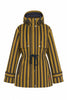 hooded parka in chocolate brown and ochre vertical stripes
