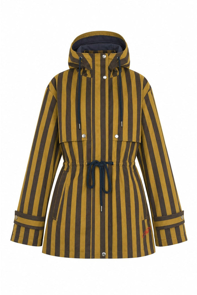hooded parka in chocolate brown and ochre vertical stripes