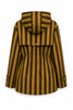 hooded parka in chocolate brown and ochre vertical stripes