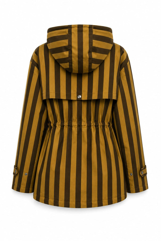 hooded parka in chocolate brown and ochre vertical stripes