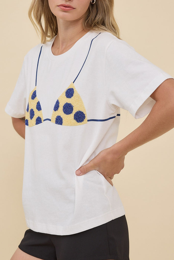 classic white tee with a cheeky beaded bikini design
