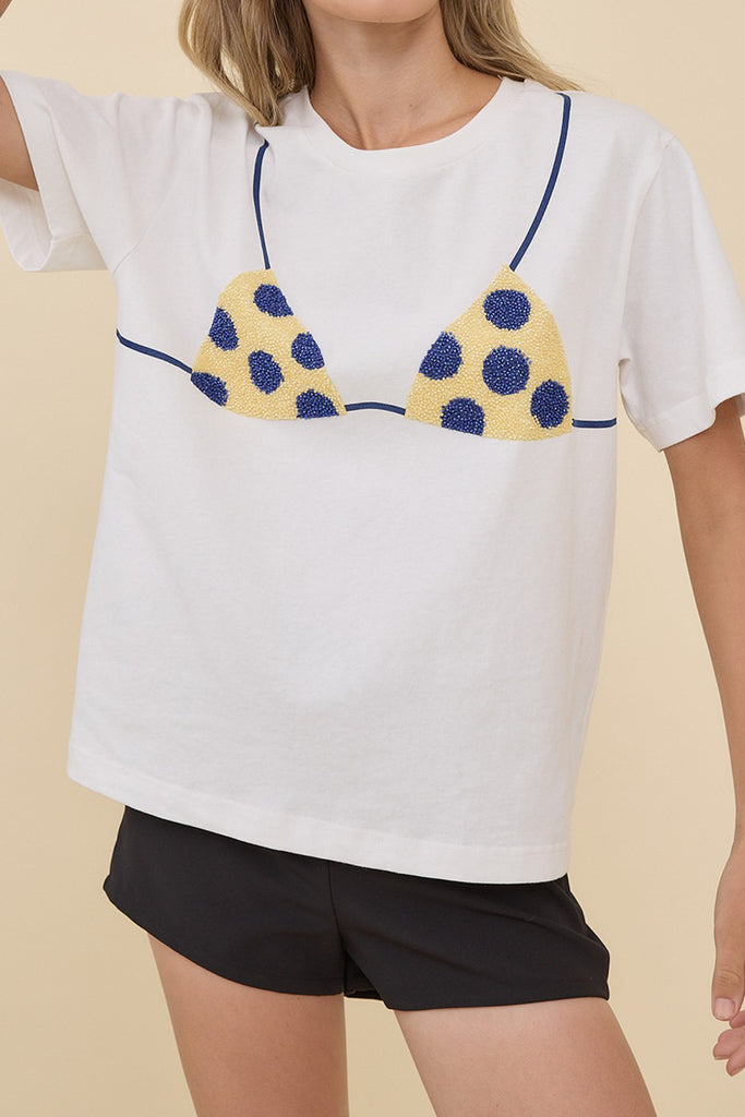 classic white tee with a cheeky beaded bikini design