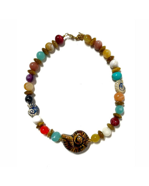 chunky beaded necklace with a colorful array of beads and shell charms