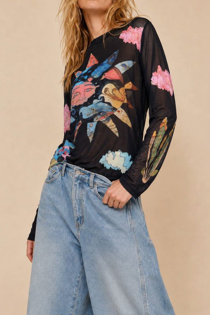 sheer mesh long sleeve top in black with a colorful celestial design