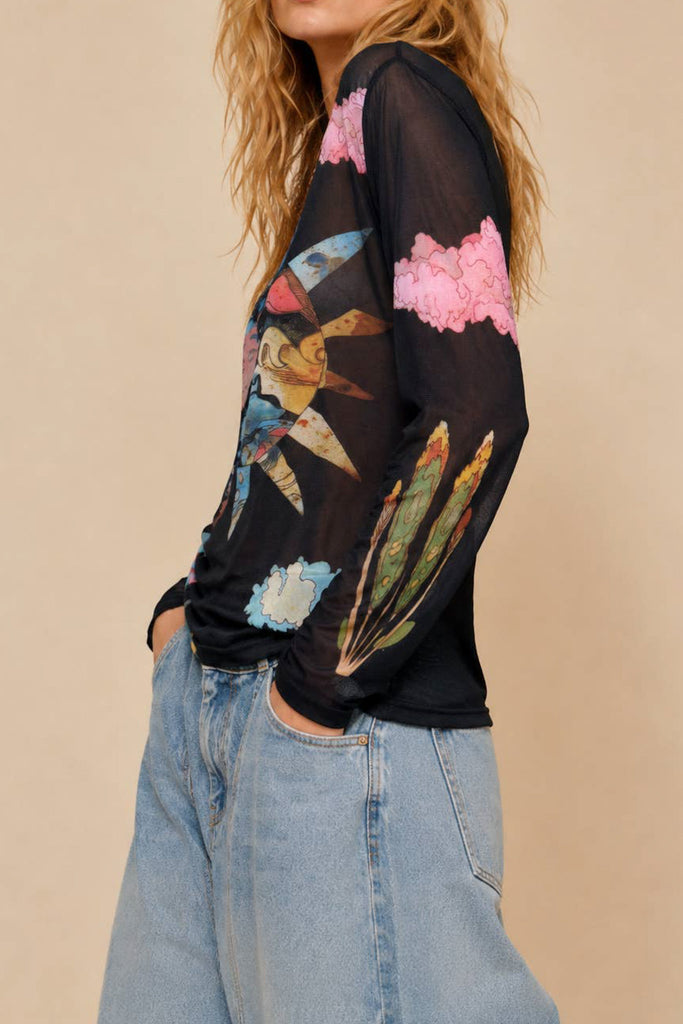 sheer mesh long sleeve top in black with a colorful celestial design