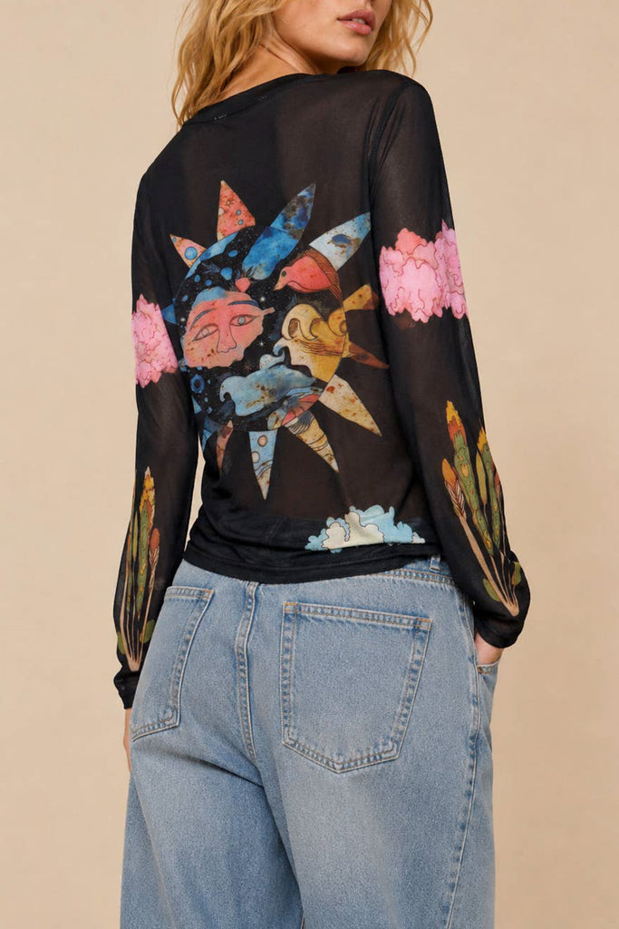 sheer mesh long sleeve top in black with a colorful celestial design