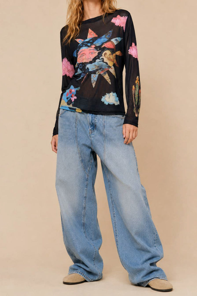 sheer mesh long sleeve top in black with a colorful celestial design