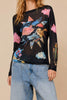 sheer mesh long sleeve top in black with a colorful celestial design