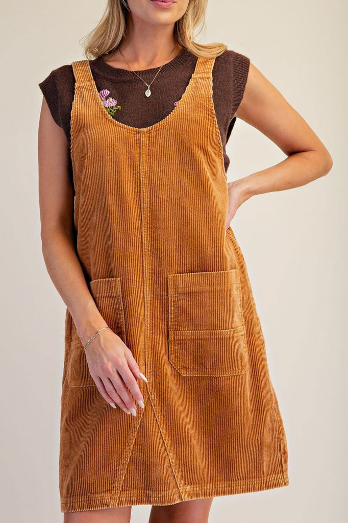 cute jumper dress made from a soft camel-colored corduroy