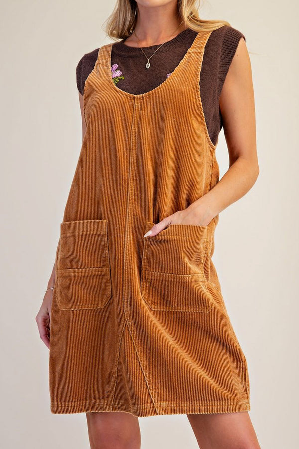 cute jumper dress made from a soft camel-colored corduroy.