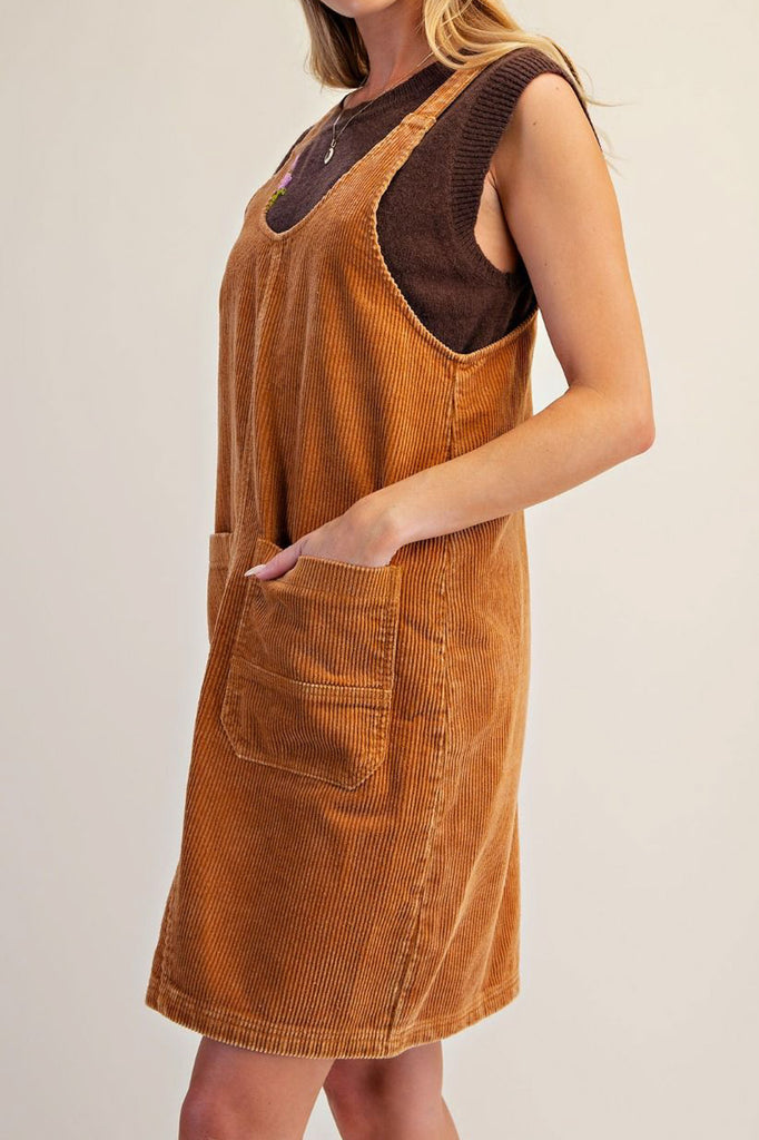 cute jumper dress made from a soft camel-colored corduroy